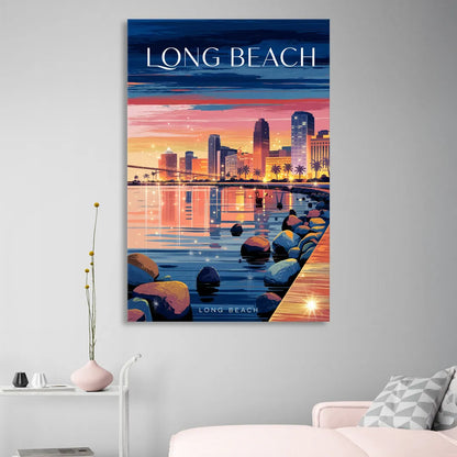 Long Beach Cityscape Evening Lights Living Room - Canvas Wall Art