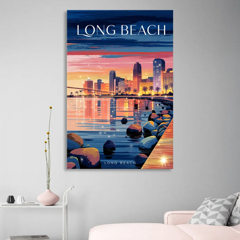 Long Beach Cityscape Evening Lights Living Room - Canvas Wall Art