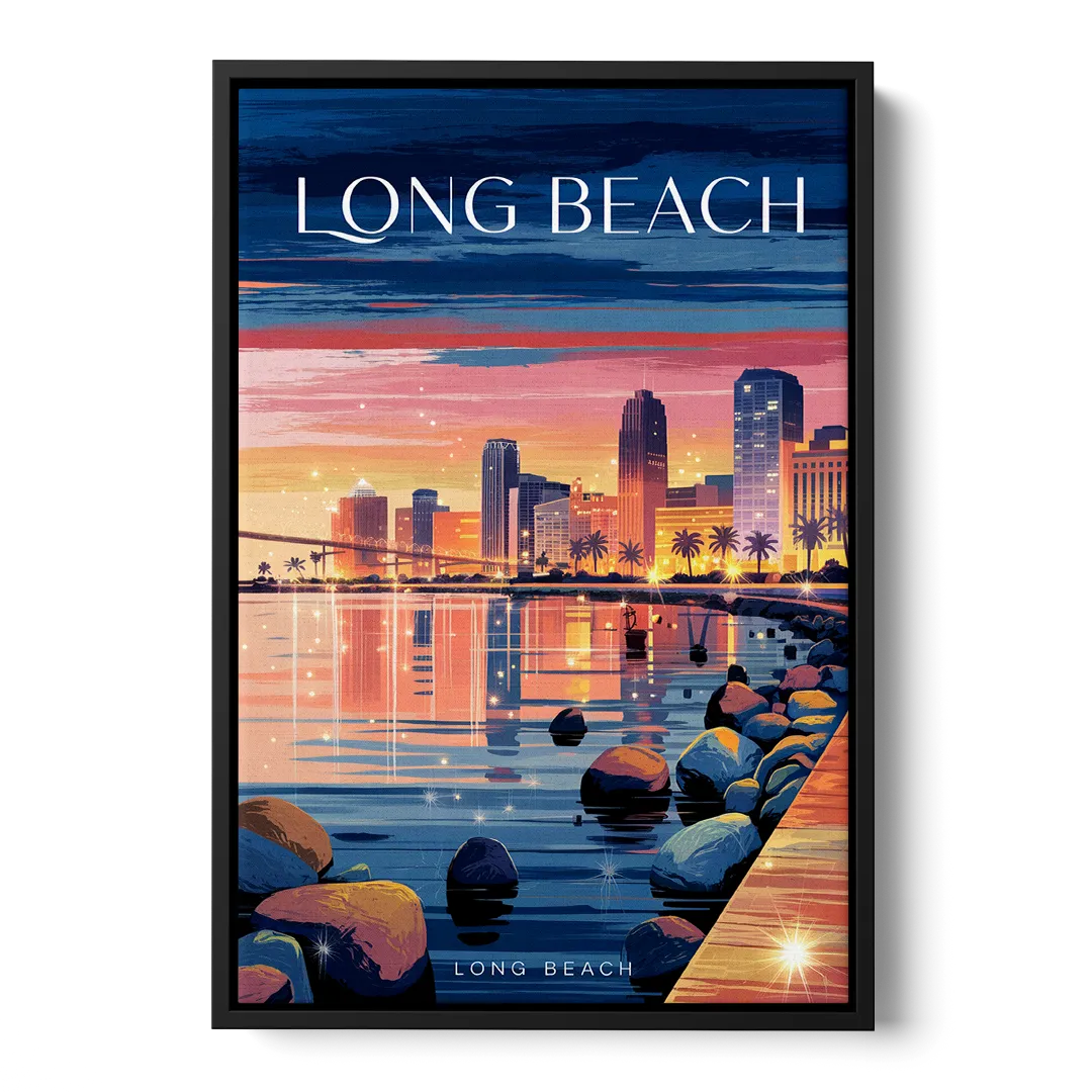 Long Beach Cityscape Evening Lights Front - Black Canvas Wall Art