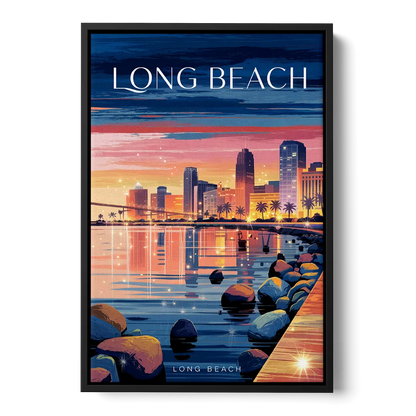 Long Beach Cityscape Evening Lights Front - Black Canvas Wall Art