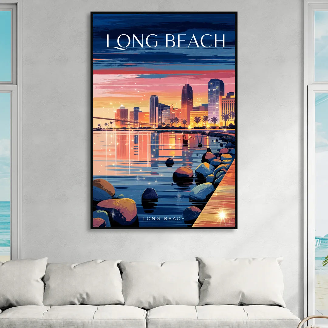 Long Beach Cityscape Evening Lights Living Room - Black Canvas Wall Art
