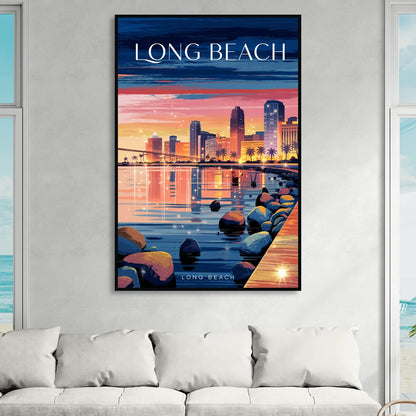 Long Beach Cityscape Evening Lights Living Room - Black Canvas Wall Art
