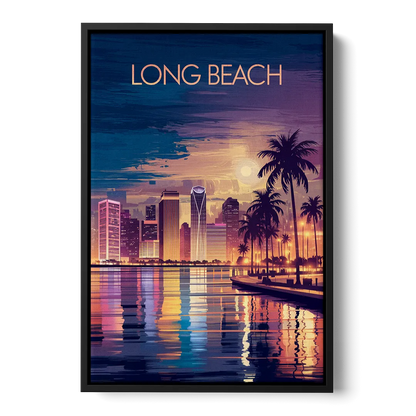 Long Beach Cityscape Evening Lights Nightscape Front - Black Canvas Wall Art