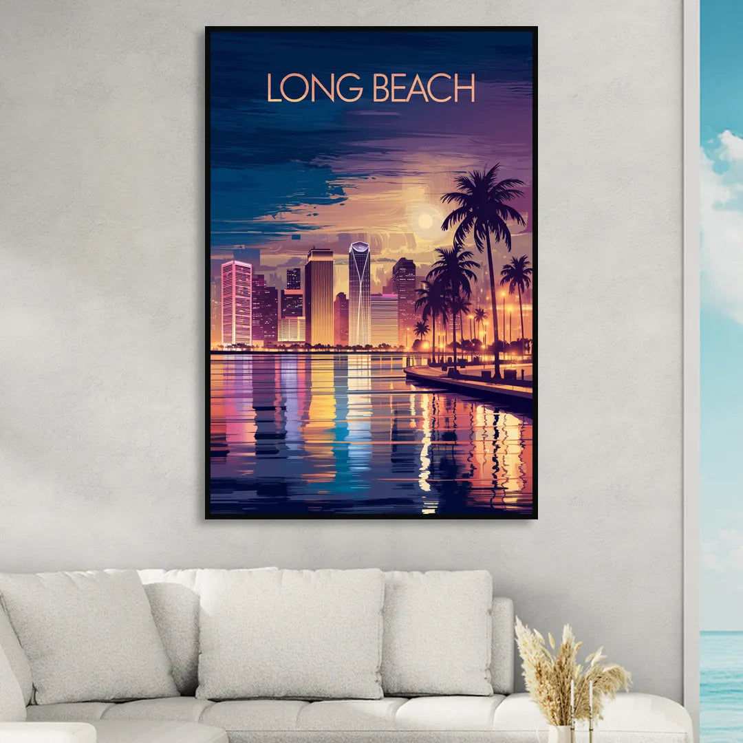 Long Beach Cityscape Evening Lights Nightscape Sitting Room - Black Canvas Wall Art
