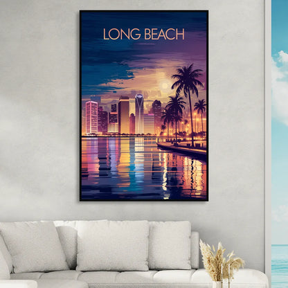 Long Beach Cityscape Evening Lights Nightscape Sitting Room - Black Canvas Wall Art