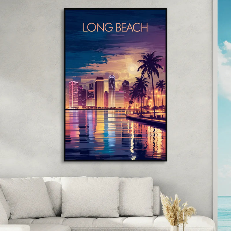 Long Beach Cityscape Evening Lights Nightscape Sitting Room - Black Canvas Wall Art