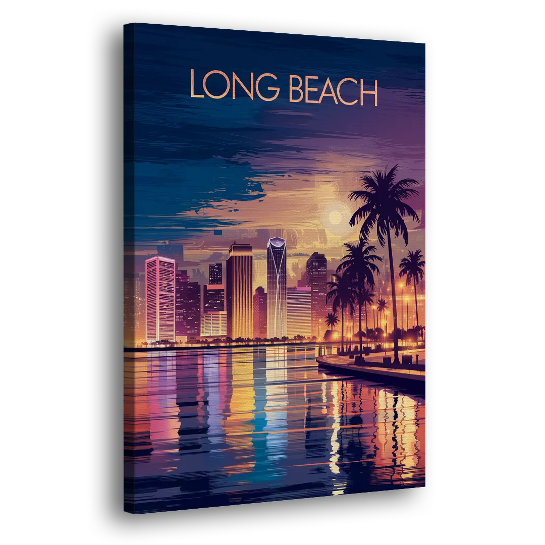 Long Beach Cityscape Evening Lights Nightscape Side - Canvas Wall Art