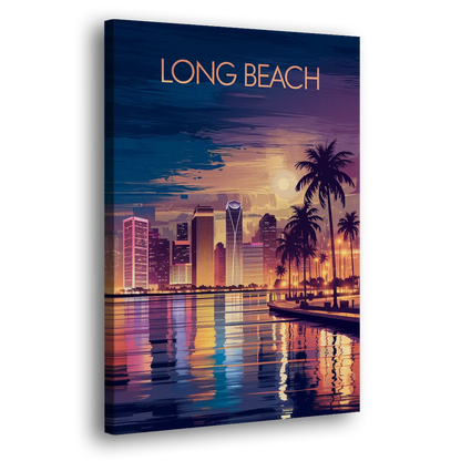 Long Beach Cityscape Evening Lights Nightscape Side - Canvas Wall Art