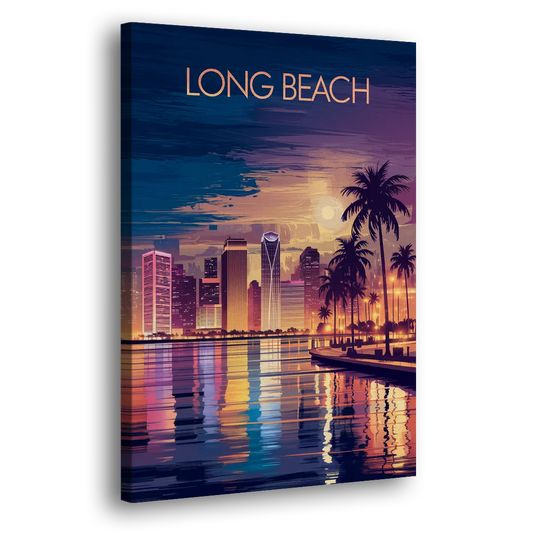 Long Beach Cityscape Evening Lights Nightscape Side - Canvas Wall Art