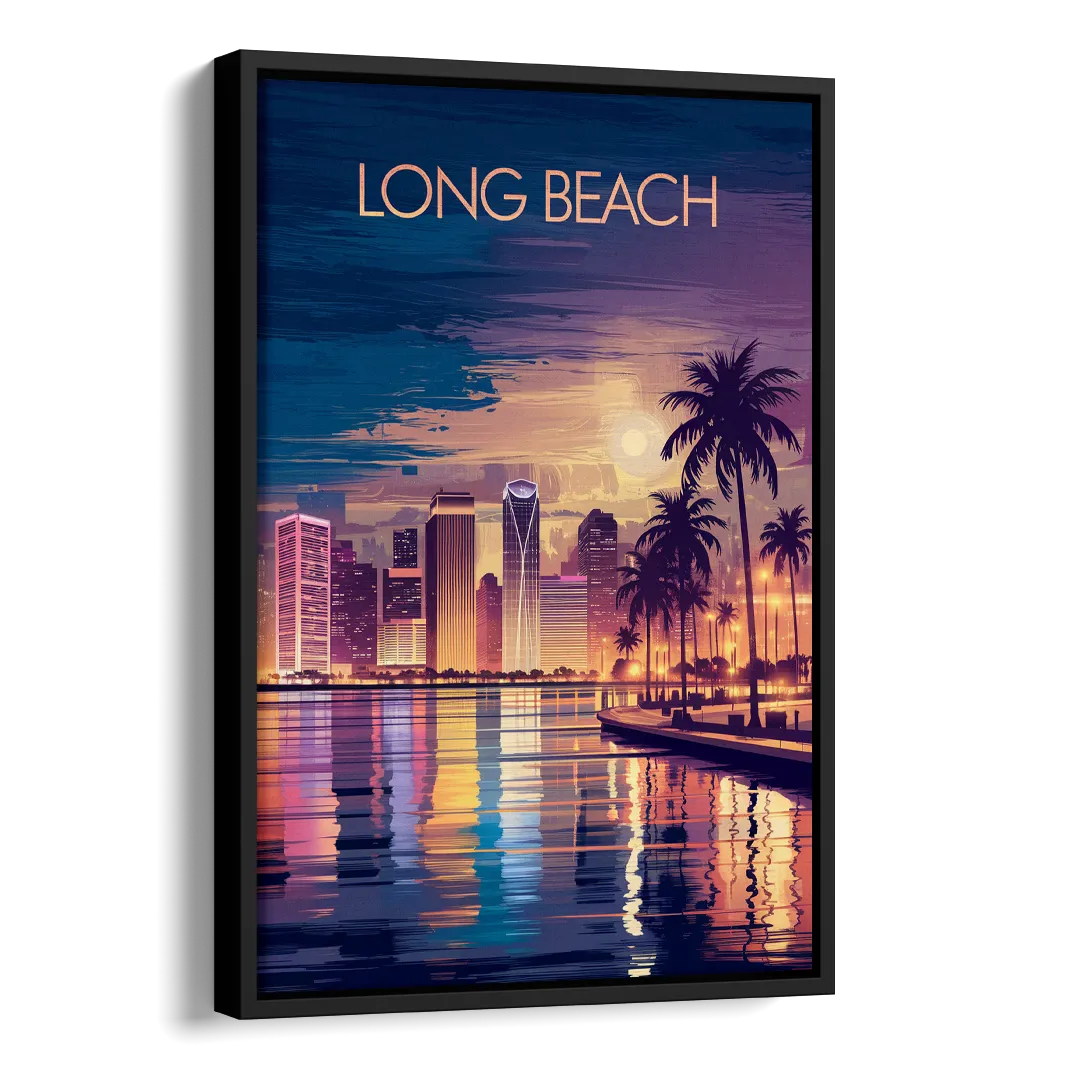 Long Beach Cityscape Evening Lights Nightscape Side - Black Canvas Wall Art