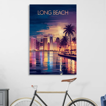 Long Beach Cityscape Evening Lights Nightscape Sitting Room - Canvas Wall Art