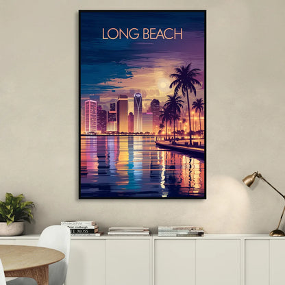 Long Beach Cityscape Evening Lights Nightscape Living Room - Black Canvas Wall Art