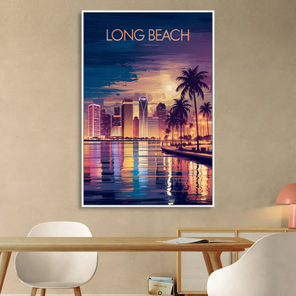 Long Beach Cityscape Evening Lights Nightscape Sitting Room - White Canvas Wall Art