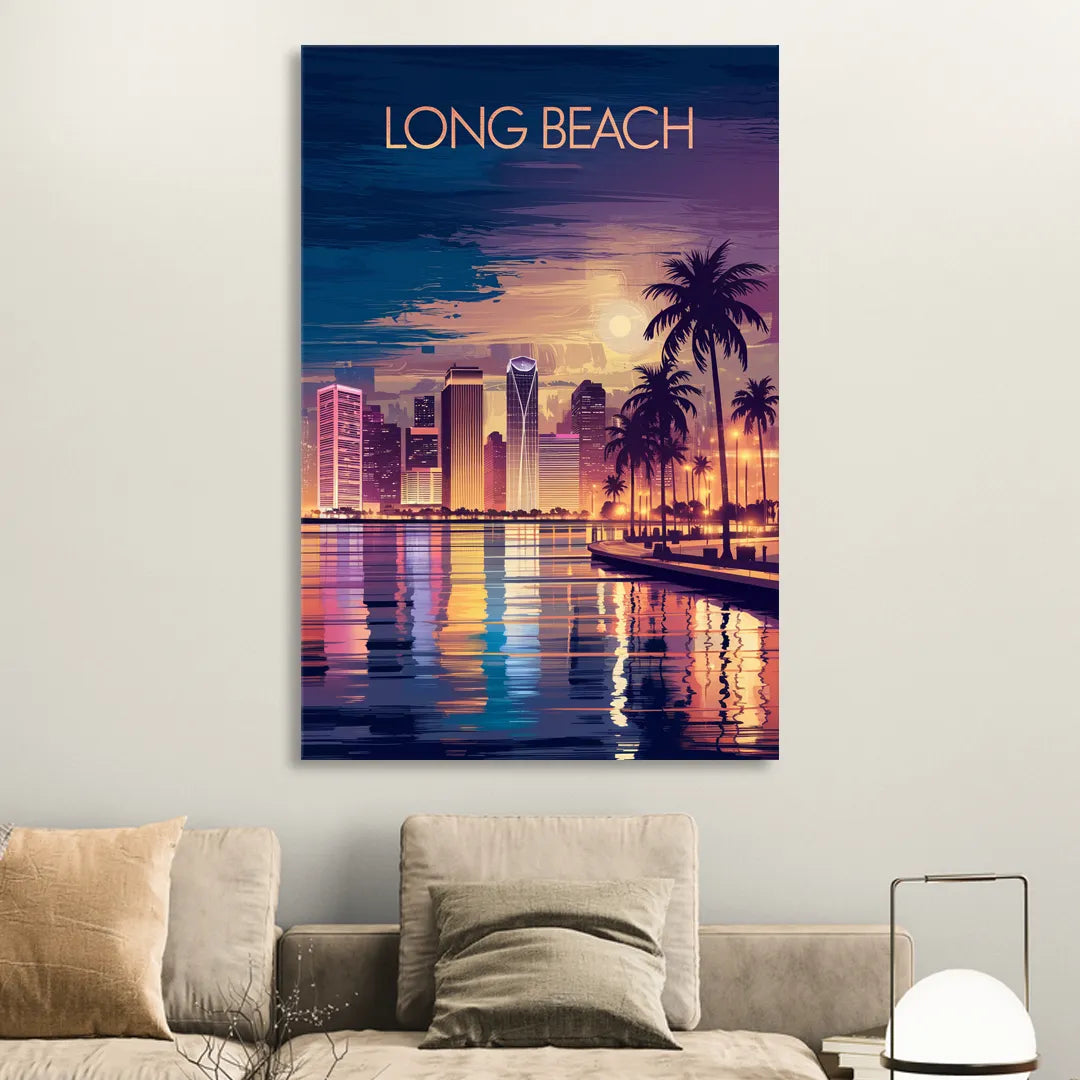Long Beach Cityscape Evening Lights Nightscape Living Room - Canvas Wall Art