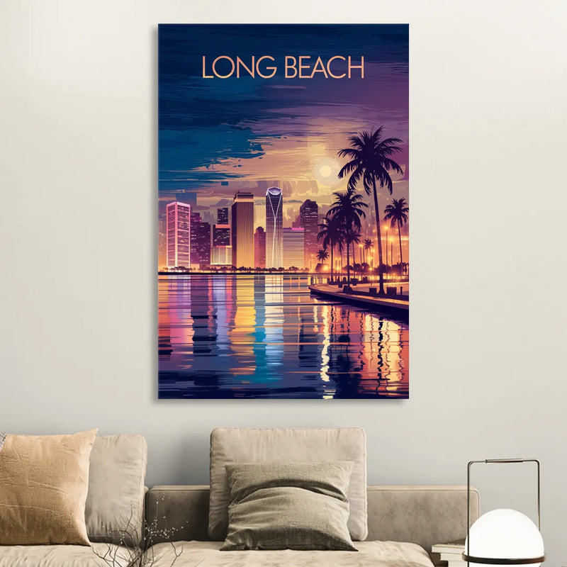 Long Beach Cityscape Evening Lights Nightscape Living Room - Canvas Wall Art