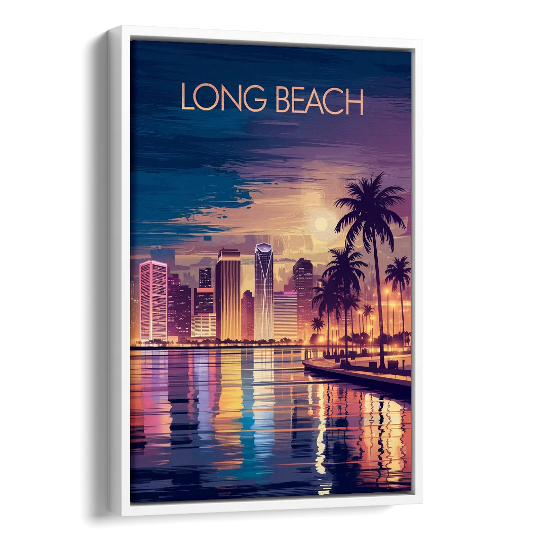 Long Beach Cityscape Evening Lights Nightscape Side - White Canvas Wall Art