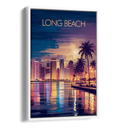 Long Beach Cityscape Evening Lights Nightscape Side - White Canvas Wall Art