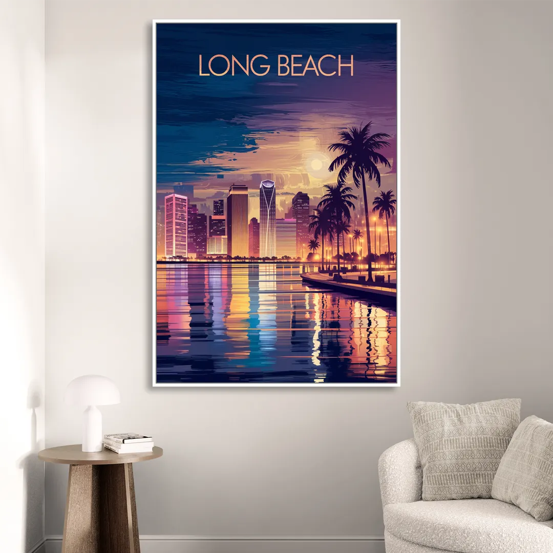 Long Beach Cityscape Evening Lights Nightscape Living Room - White Canvas Wall Art