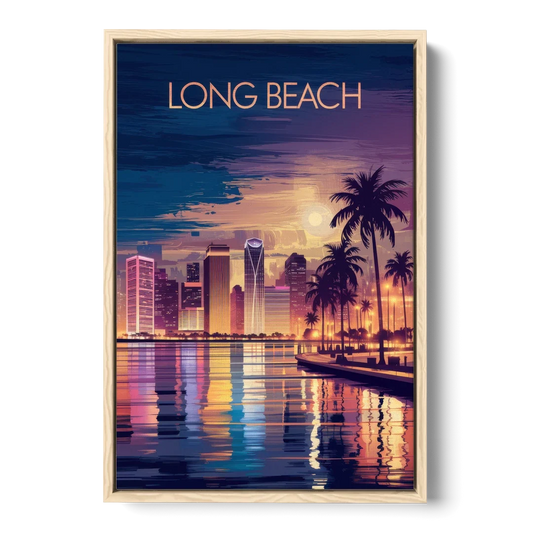 Long Beach Cityscape Evening Lights Nightscape - Oak Framed Canvas Wall Art - Front