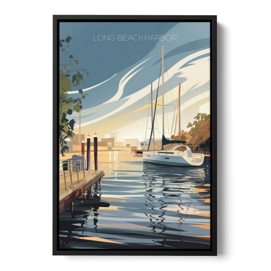 Long Beach Harbor and Sailboats - Black Framed Canvas Wall Art - Front