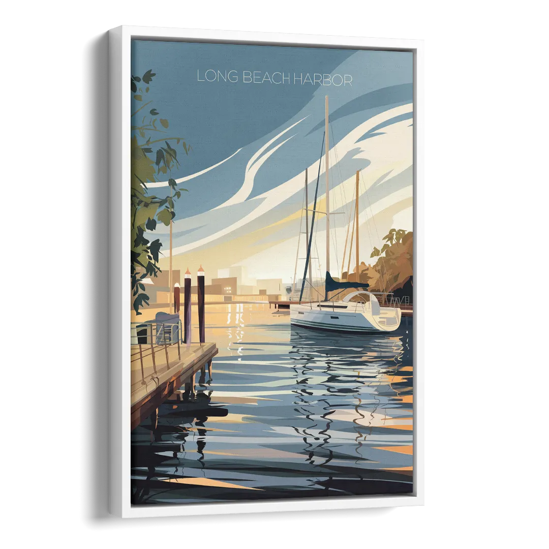 Long Beach Harbor and Sailboats Side - White Canvas Wall Art