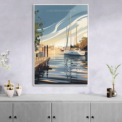 Long Beach Harbor and Sailboats Sitting Room - White Canvas Wall Art