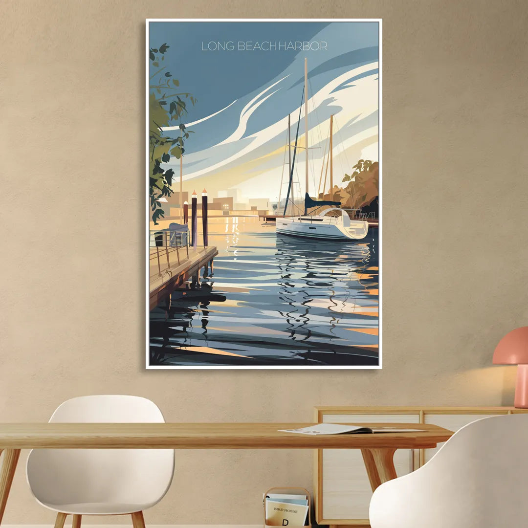Long Beach Harbor and Sailboats Living Room - White Canvas Wall Art