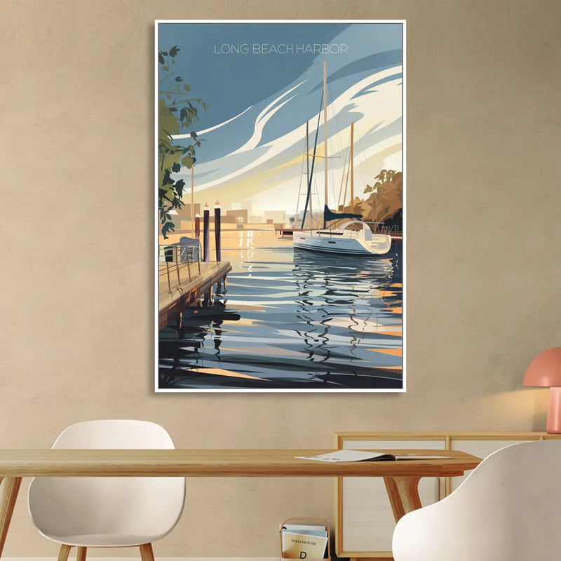 Long Beach Harbor and Sailboats Living Room - White Canvas Wall Art