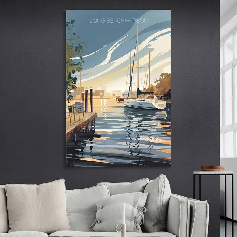 Long Beach Harbor and Sailboats Sitting Room - Canvas Wall Art
