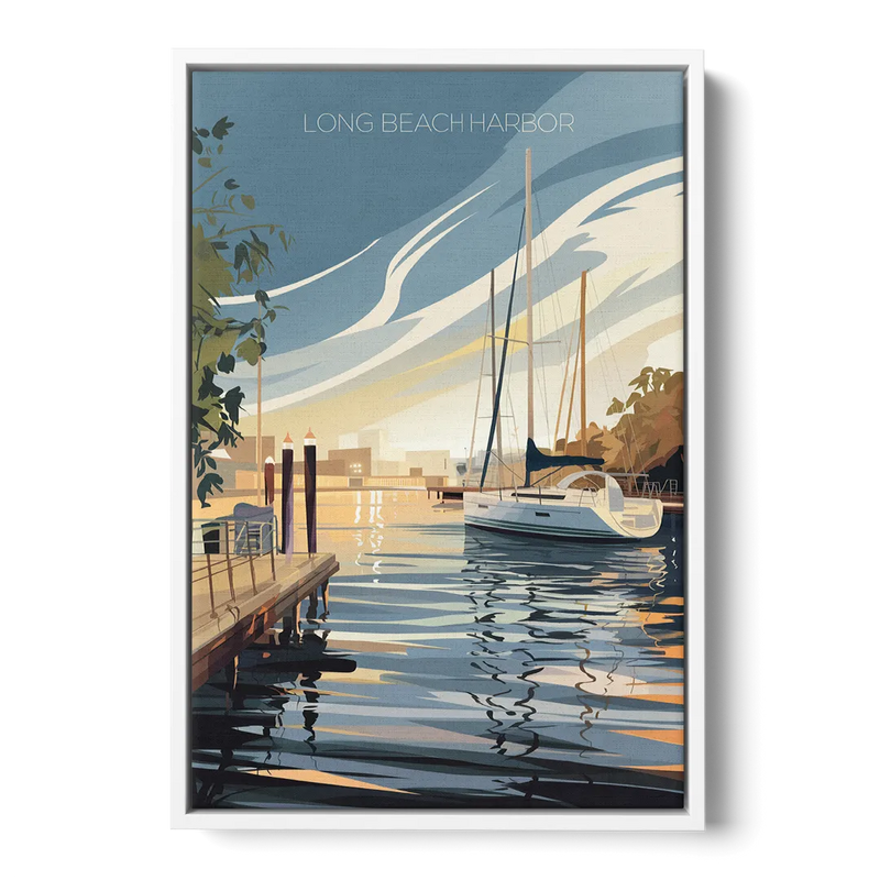Long Beach Harbor and Sailboats Front - White Canvas Wall Art