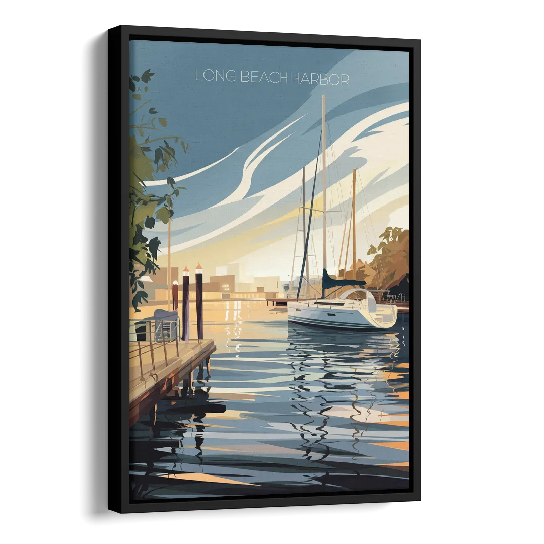 Long Beach Harbor and Sailboats Side - Black Canvas Wall Art