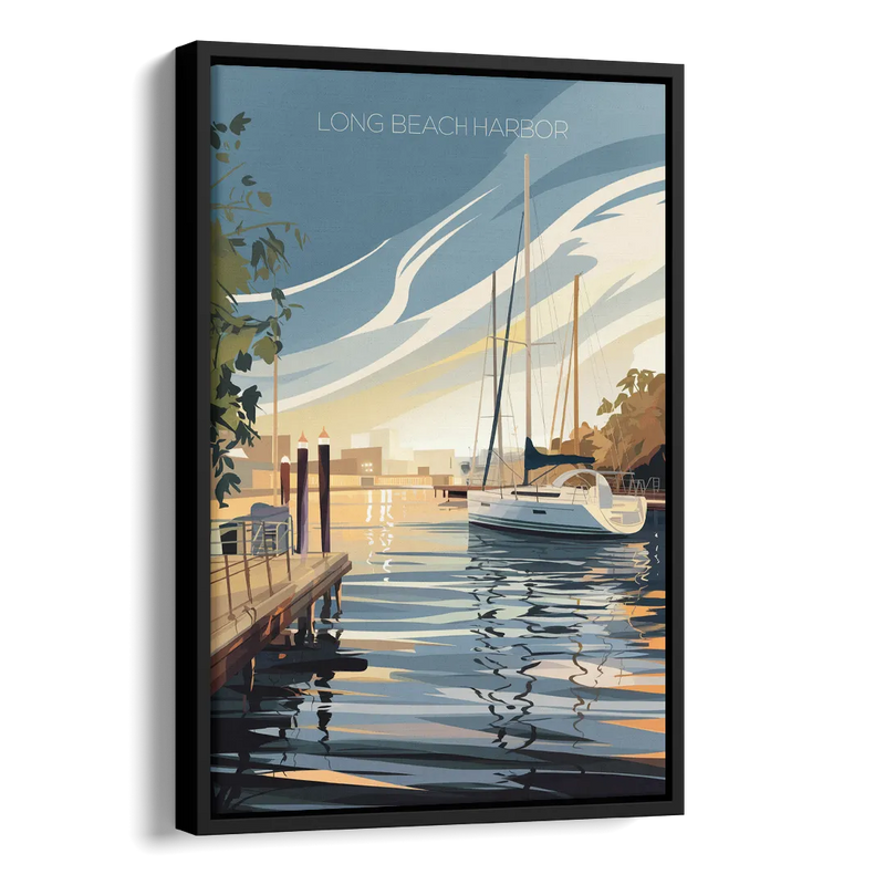 Long Beach Harbor and Sailboats Side - Black Canvas Wall Art