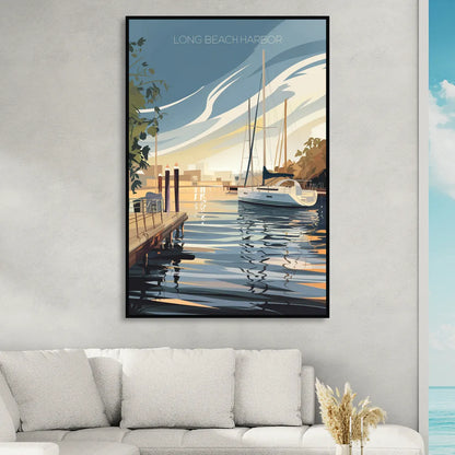 Long Beach Harbor and Sailboats Living Room - Black Canvas Wall Art