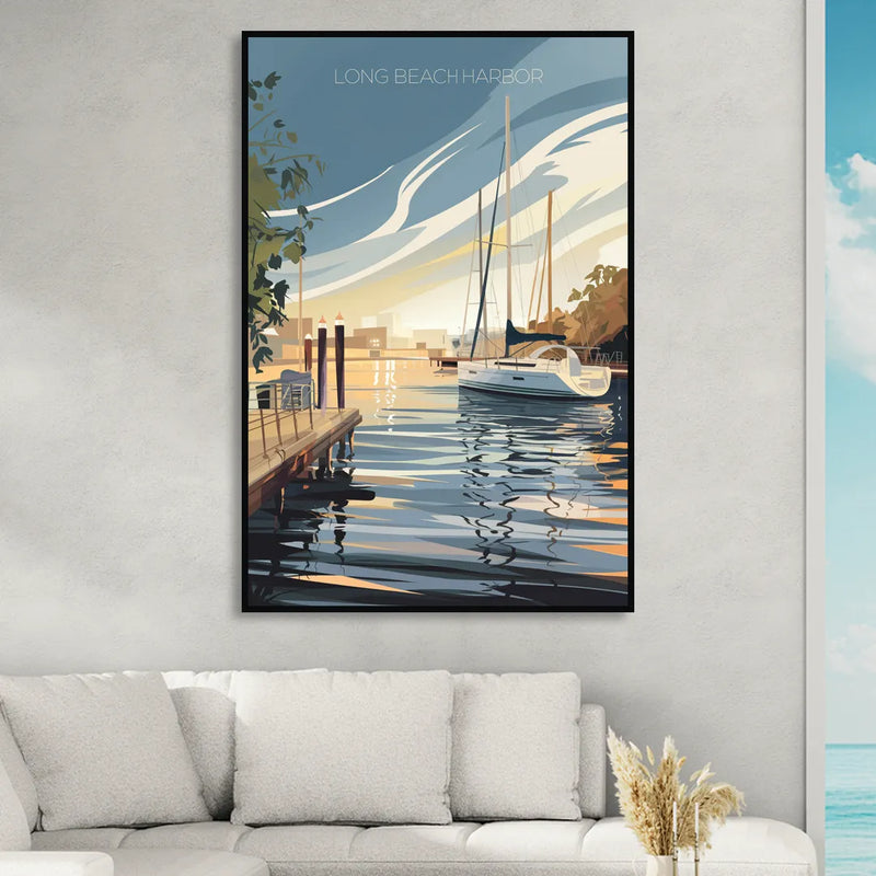 Long Beach Harbor and Sailboats Living Room - Black Canvas Wall Art
