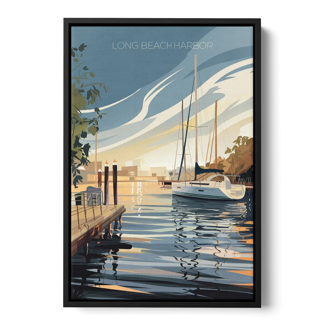 Long Beach Harbor and Sailboats Front - Black Canvas Wall Art