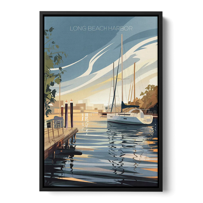 Long Beach Harbor and Sailboats Front - Black Canvas Wall Art