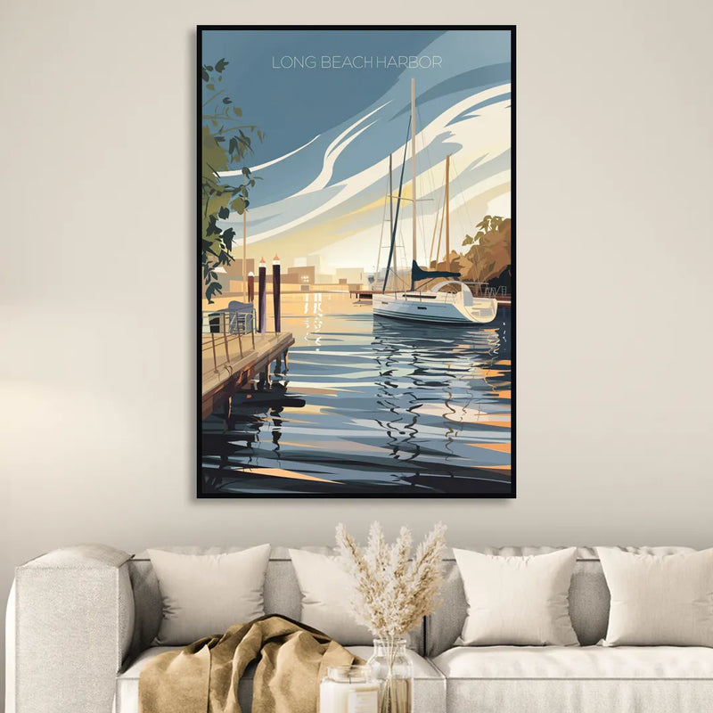 Long Beach Harbor and Sailboats Sitting Room - Black Canvas Wall Art
