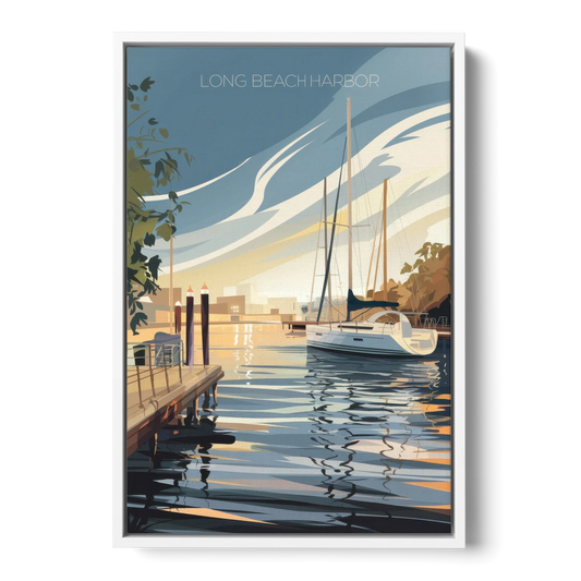 Long Beach Harbor and Sailboats - White Framed Canvas Wall Art - Front