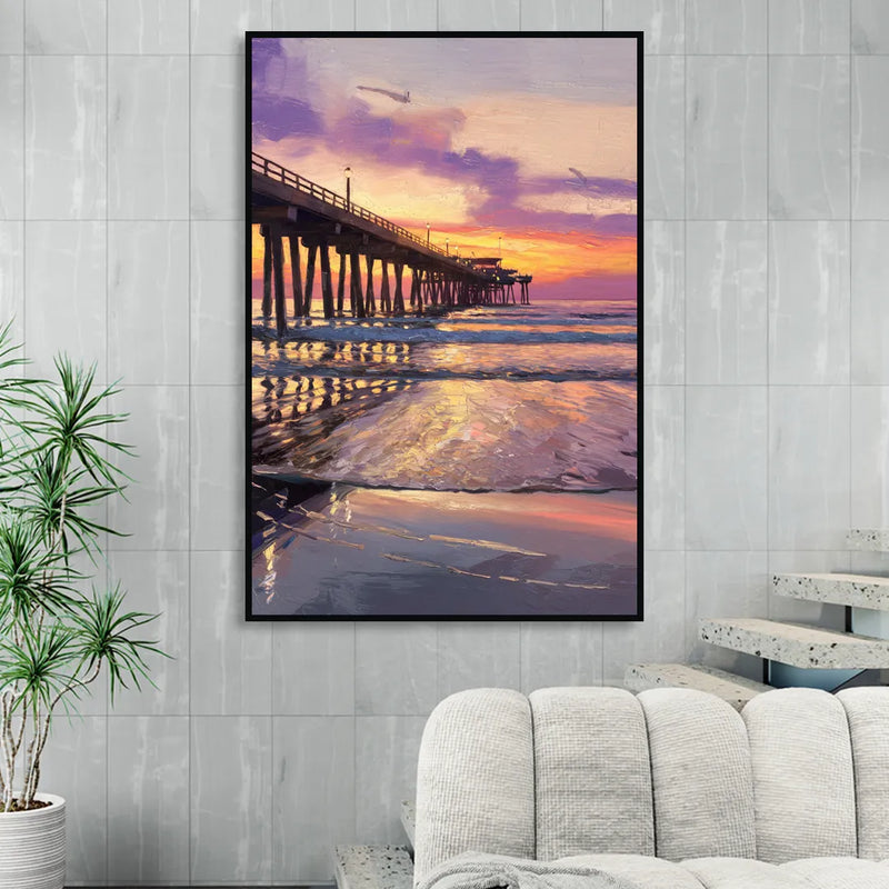 Long Beach Pier at Sunset Sitting Room - Black Canvas Wall Art