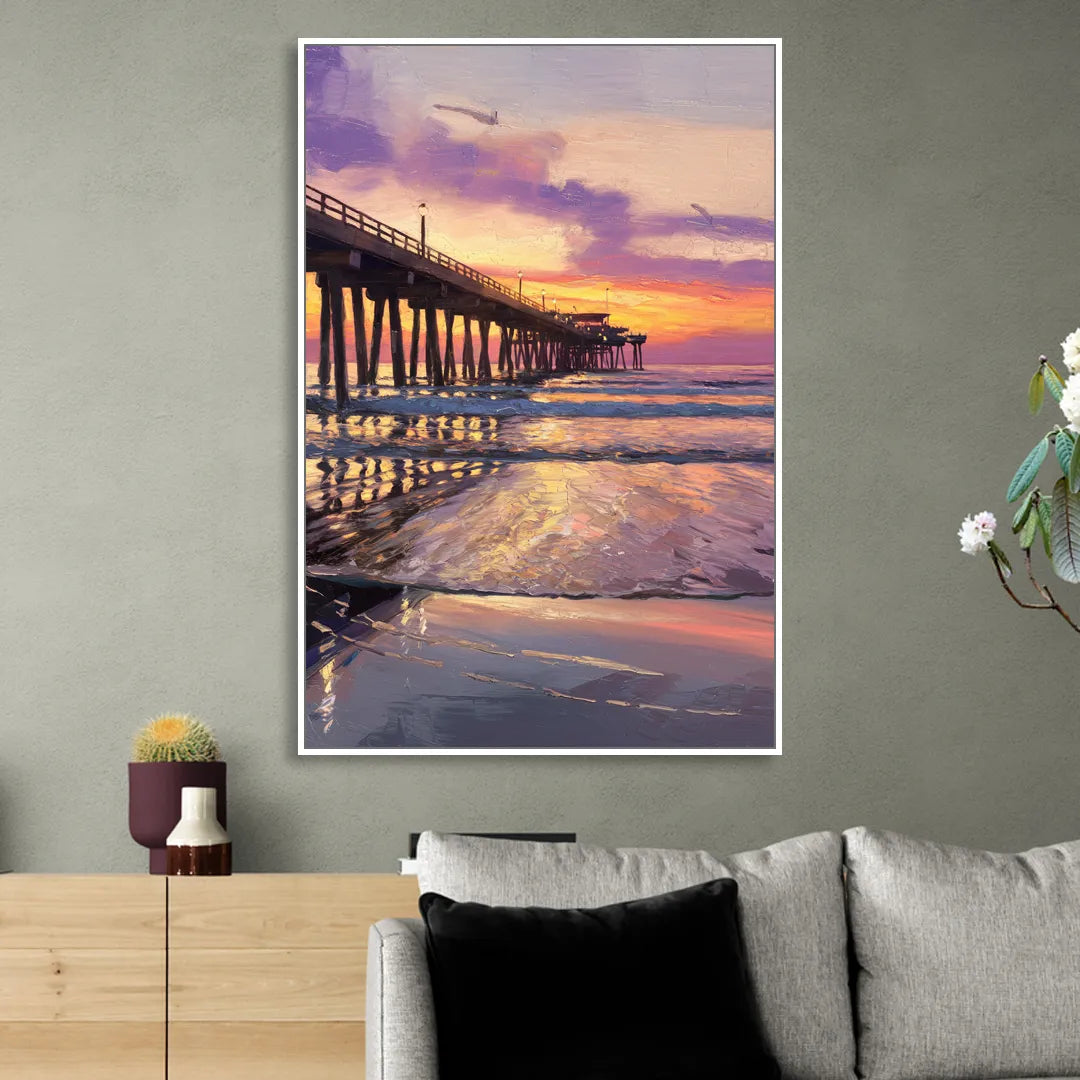 Long Beach Pier at Sunset Living Room - White Canvas Wall Art