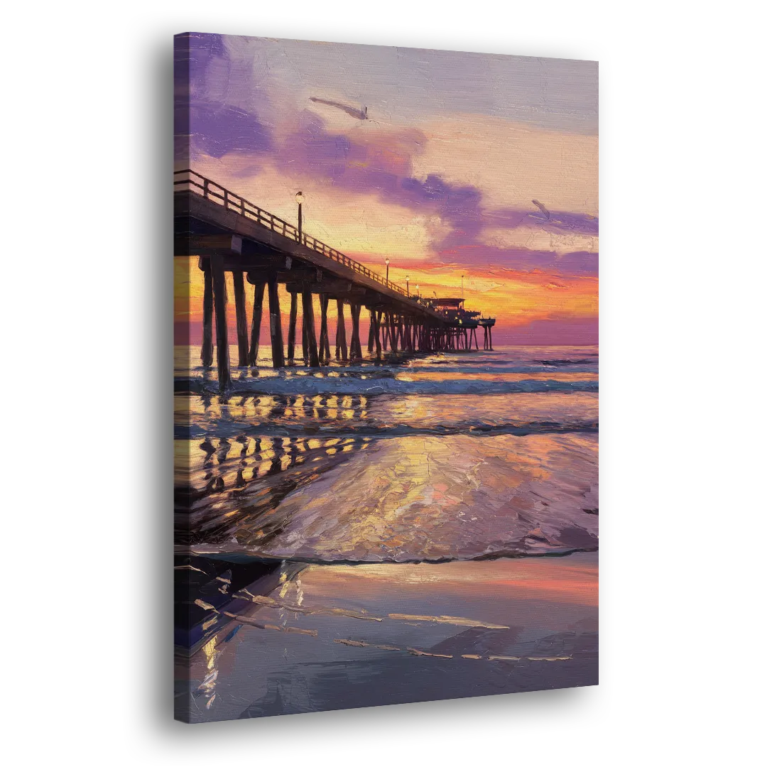 Long Beach Pier at Sunset Side - Canvas Wall Art