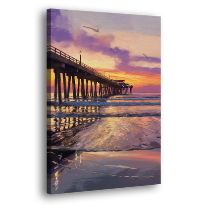 Long Beach Pier at Sunset Side - Canvas Wall Art