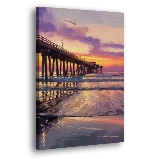 Long Beach Pier at Sunset Side - Canvas Wall Art