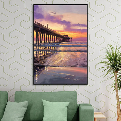 Long Beach Pier at Sunset Living Room - Black Canvas Wall Art
