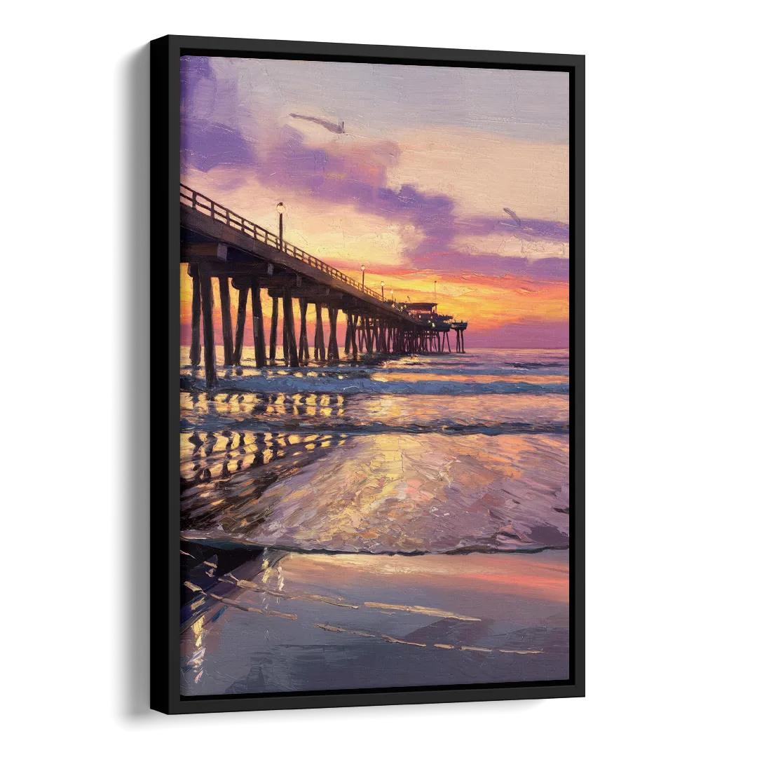Long Beach Pier at Sunset Side - Black Canvas Wall Art