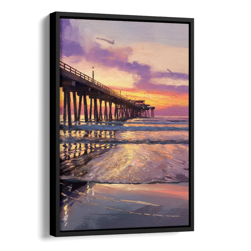 Long Beach Pier at Sunset Side - Black Canvas Wall Art