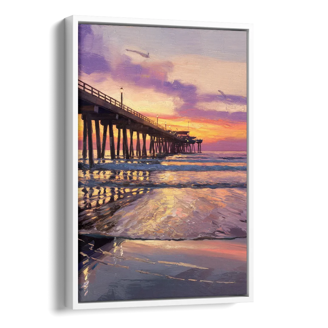 Long Beach Pier at Sunset Side - White Canvas Wall Art