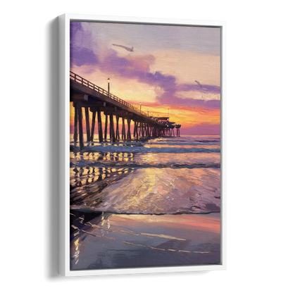 Long Beach Pier at Sunset Side - White Canvas Wall Art
