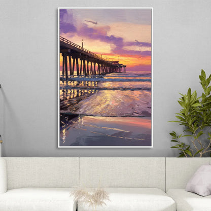 Long Beach Pier at Sunset Sitting Room - White Canvas Wall Art