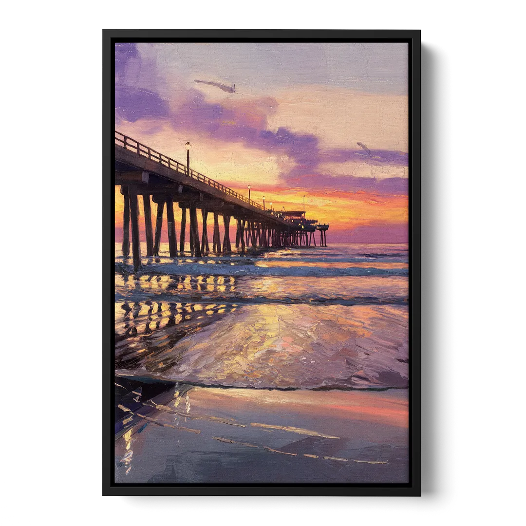 Long Beach Pier at Sunset Front - Black Canvas Wall Art